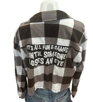 Plaid Fleece Button Up Crop Top MEDIUM All Fun Games Until Someone Loses An Eye